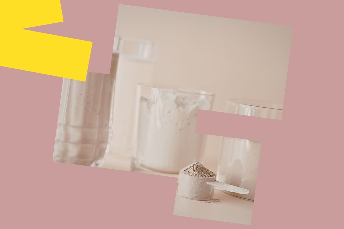 Zdjęcie z oprawą graficzną przedstawia wegańską odżywkę białkową w proszku