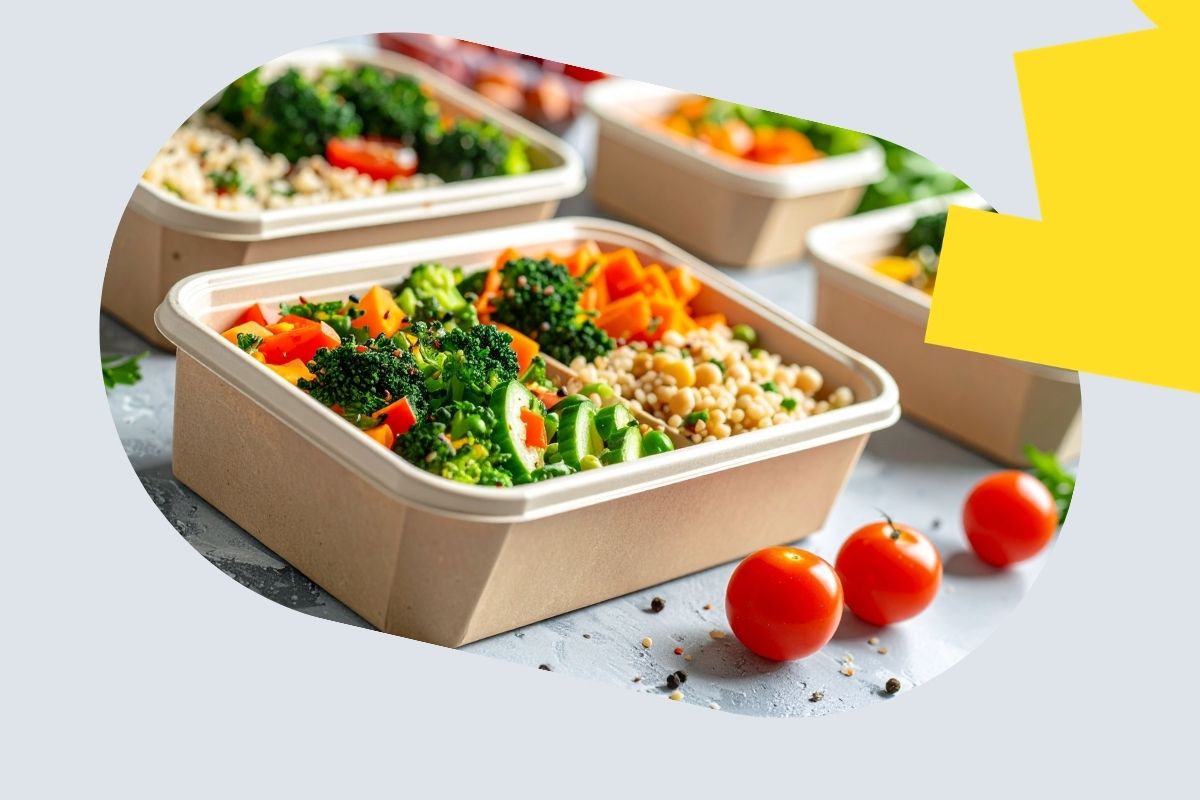 Zdjęcie z oprawą graficzną przedstawia zdrowy posiłek na diecie wegańskiej: ze świeżymi warzywami i ciecierzycą