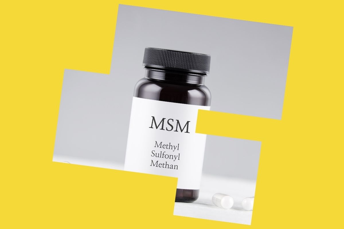 Zdjęcie z oprawą graficzną prezentuje opakowanie suplementu diety z MSM