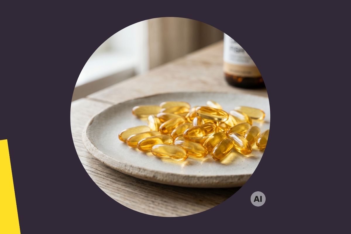 Fotorealistyczna grafika z oprawą graficzną przedstawia kapsułki z omega-3 na talerzu w kuchni
