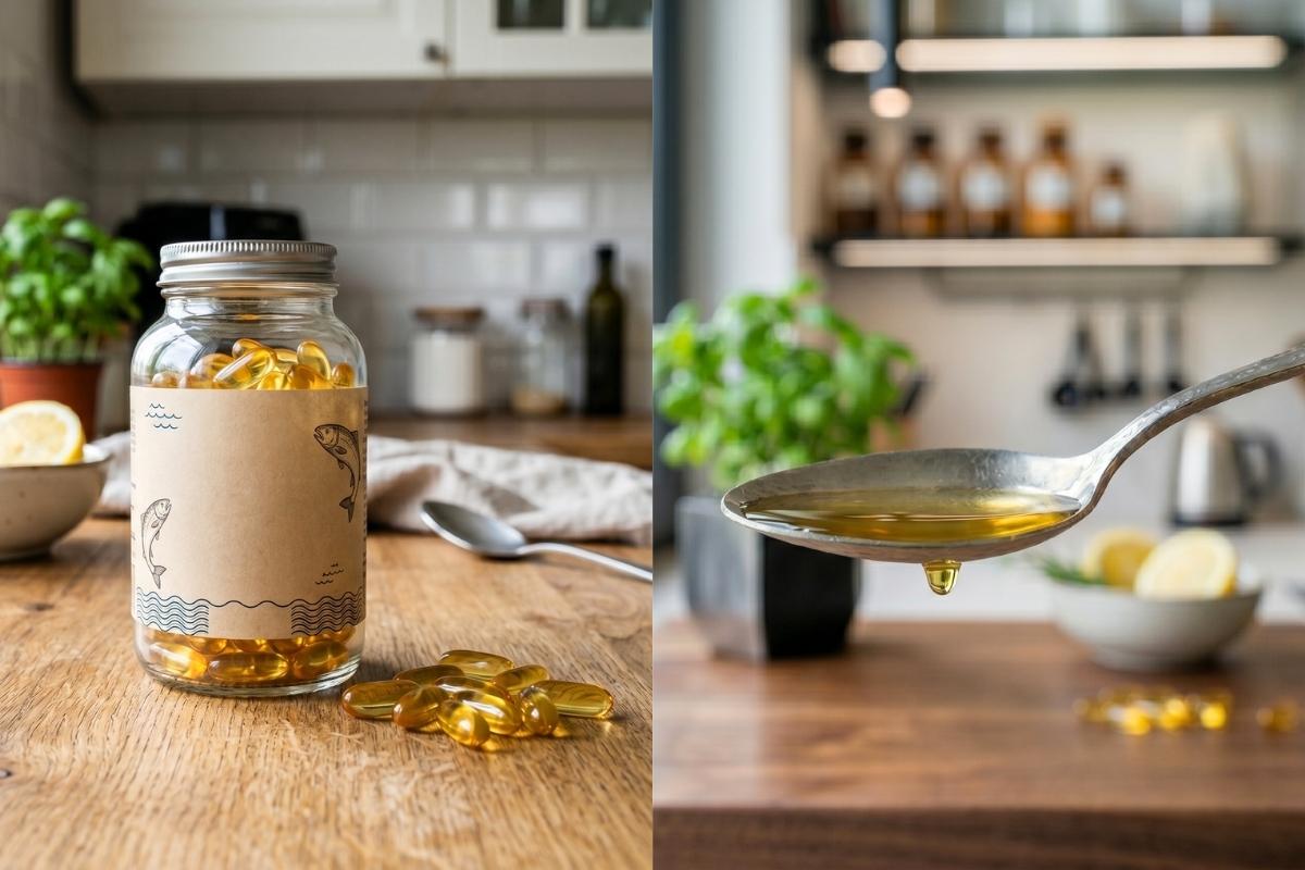 Fotorealistyczna grafika przedstawia omega-3 w formie kapsułek i w formie płynnej na łyżce