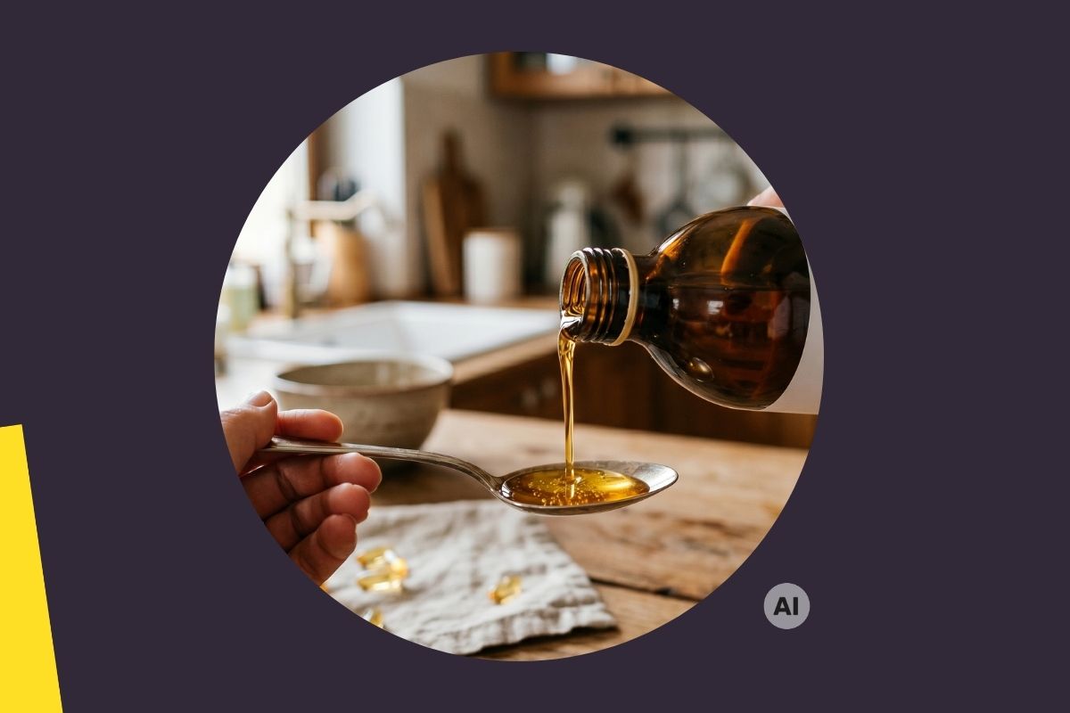 Fotorealistyczna grafika z oprawą graficzną przedstawia omega-3 w płynie nalewane z butelki z ciemnego szkła na łyżkę stołową