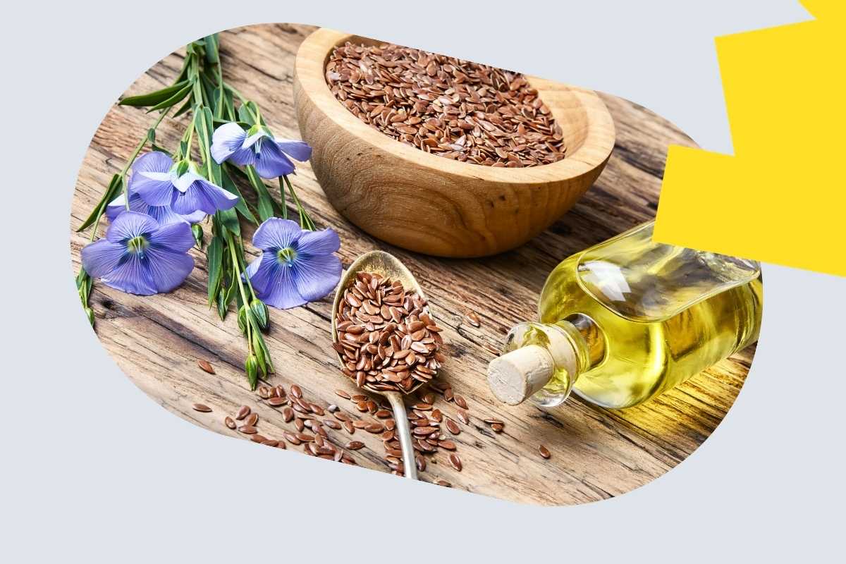 Zdjęcie z oprawą graficzną przedstawia olej lniany, który stanowi bardzo dobre źródło kwasu ALA z omega-3