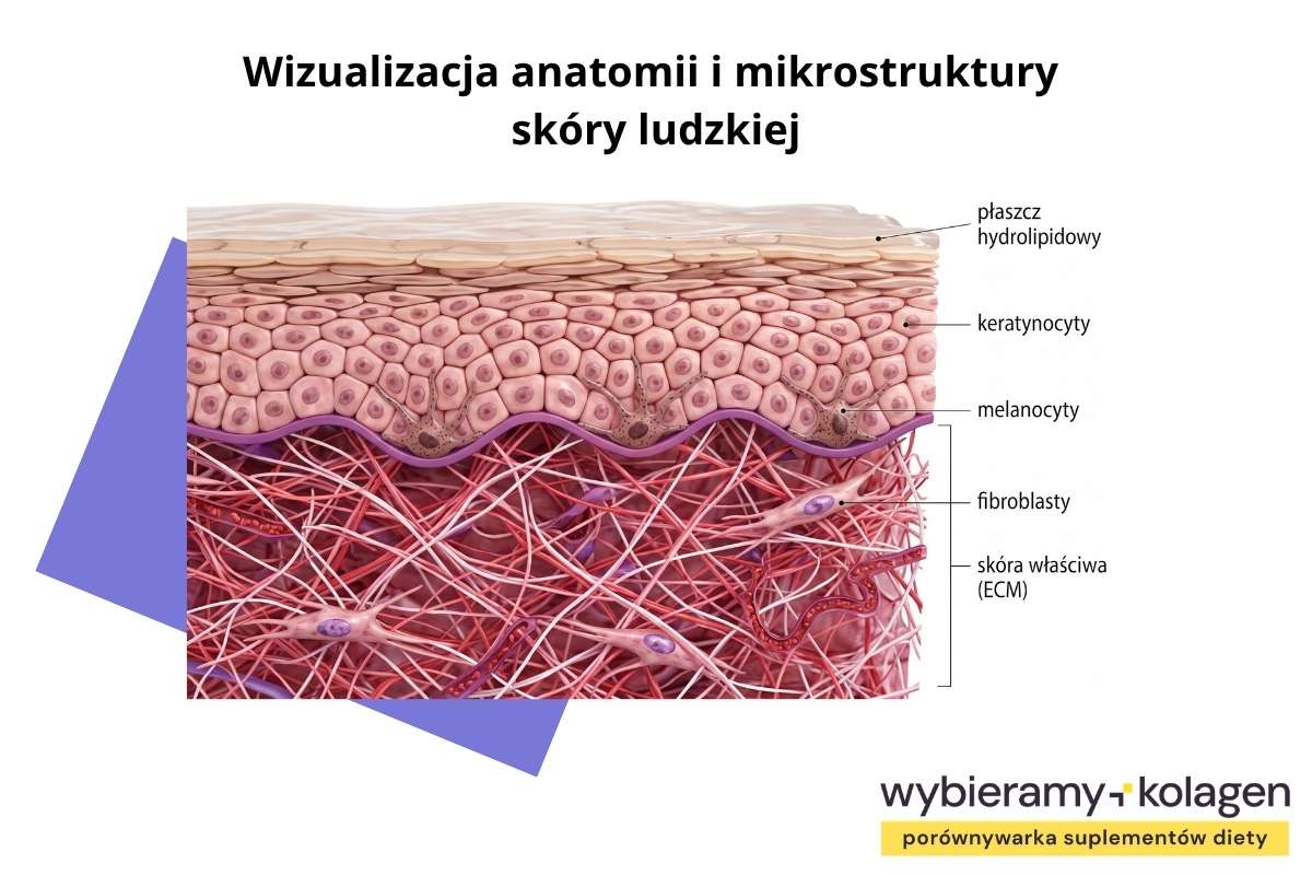 Fotorealistyczna infografika przedstawia poszczególne warstwy i elementy skóry ludzkiej