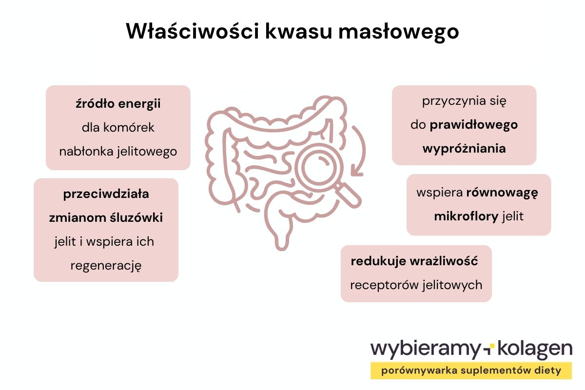 Infografika przedstawia główne właściwości kwasu masłowego