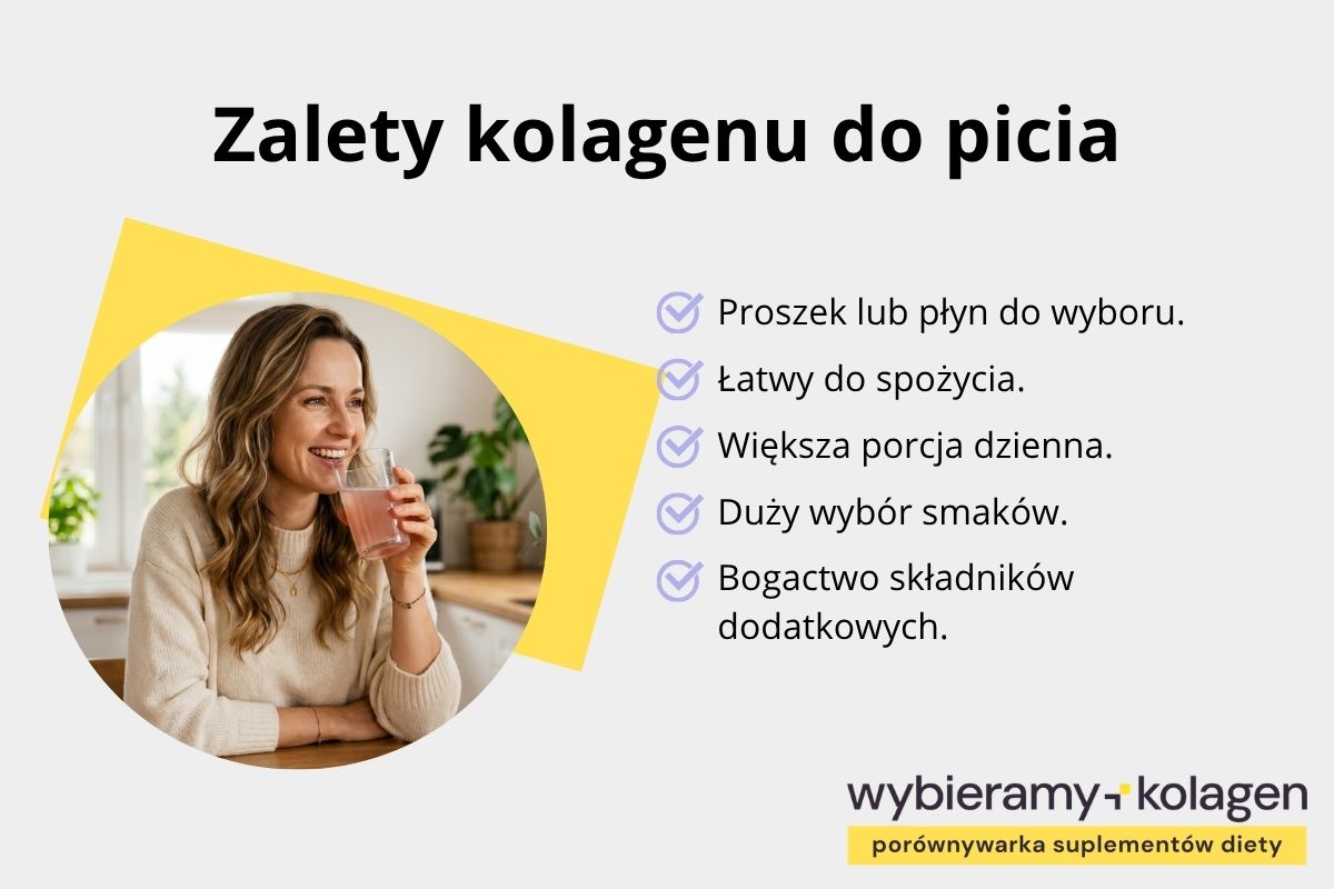 Infografika wskazuje zalety kolagenu do picia: proszek lub płyn do wyboru, łatwy do spożycia, większa porcja dzienna, duży wybór smaków, bogactwo składników dodatkowych 